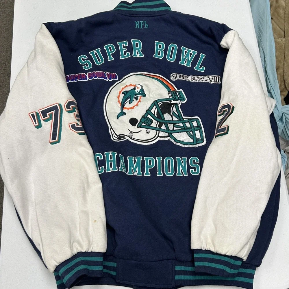 NFL Miami Dolphins Varsity Jacket Mens L Navy Blue Excellent Super Bowl